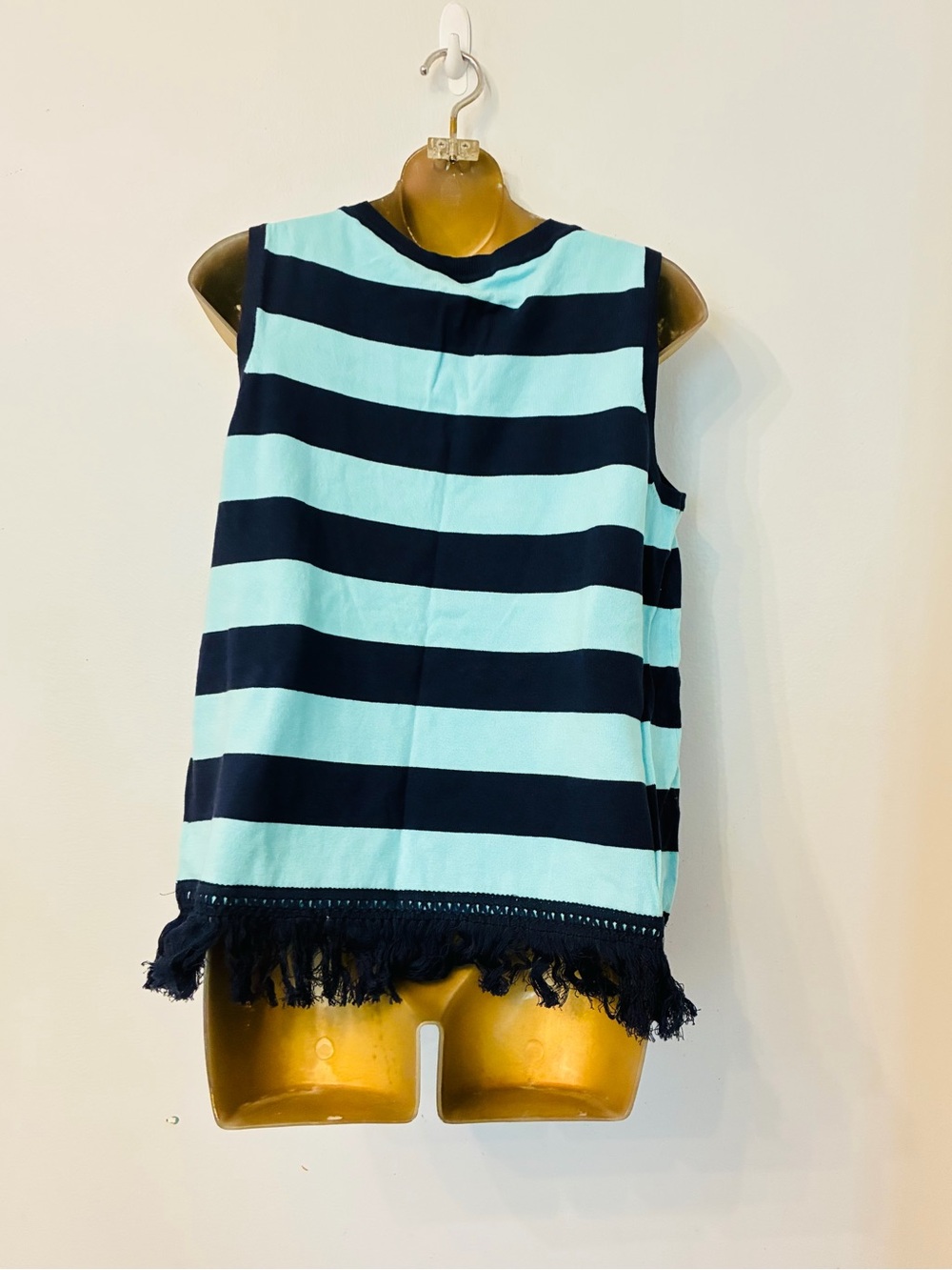 Sail to Sable Blue Stripe Fringe Sleeveless Knit Tank Top Medium Coastal Prep - Picture 4 of 5